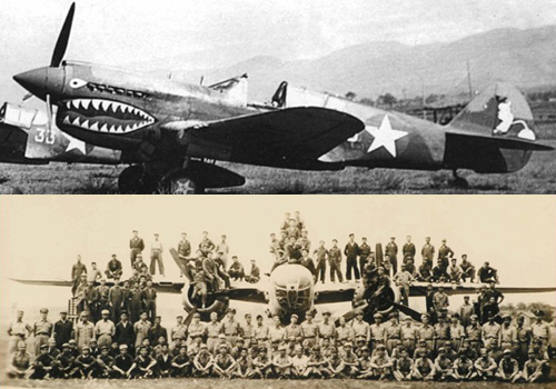 Above:a shark-painted fighter planes of the Flying Tigers in Guilin. Below:the picture of Chinese and American crew members on the B25 fighter plane.