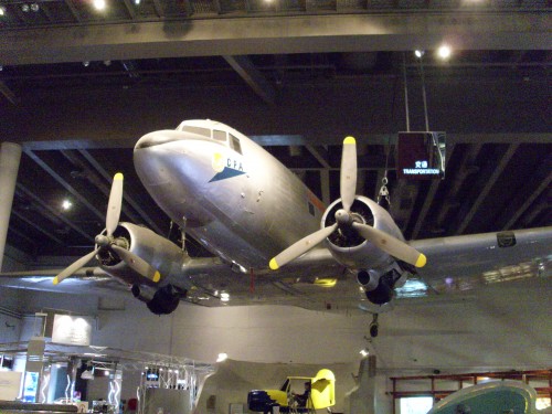 The DC-3 passenger plane hanging on the ceiling of Hong Kong Science Museum.